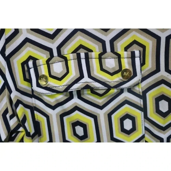 Ann Klein Full Zip Geometric Roll-Tab Sleeves Silky Top-Size Large - Picture 3 of 11